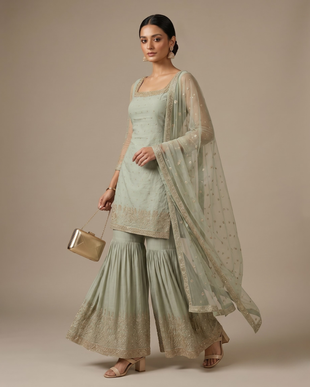 Sage Whisper Hand-Highlighted 3-Piece Ghaghara