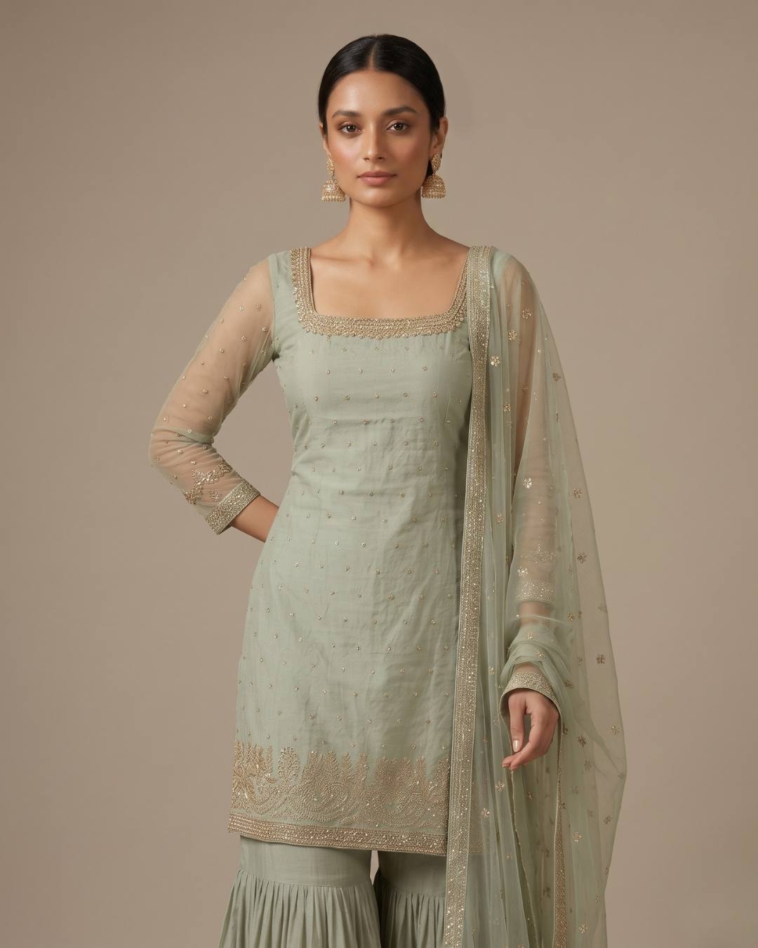 Sage Whisper Hand-Highlighted 3-Piece Ghaghara